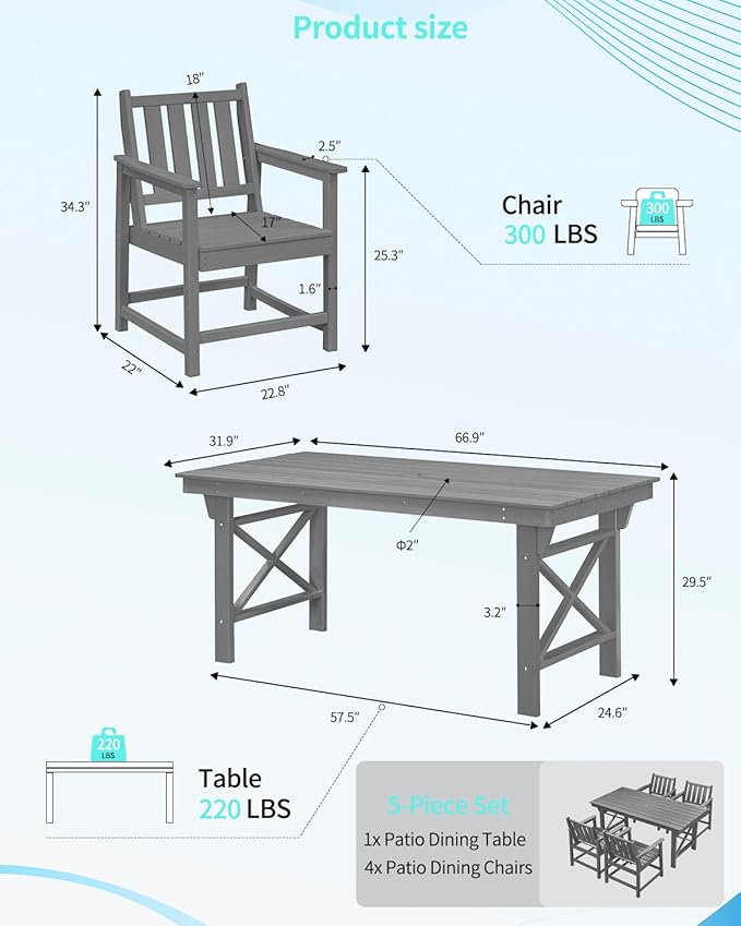 QUASCO Outdoor Patio Dining Set, 5-Piece Rectangular HDPE Dining Table with Umbrella Hole and 4 Chairs, Modern Patio Furniture Dining Sets for Poolside, Deck and Garden, Gray