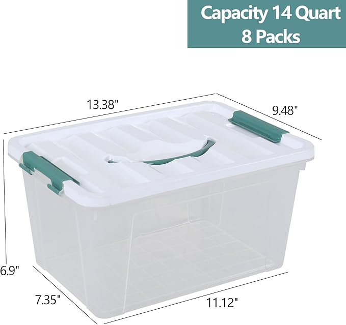 8-Pack 14 Quart Clear Organizing Container with Lid, Plastic Latching Box with Handles
