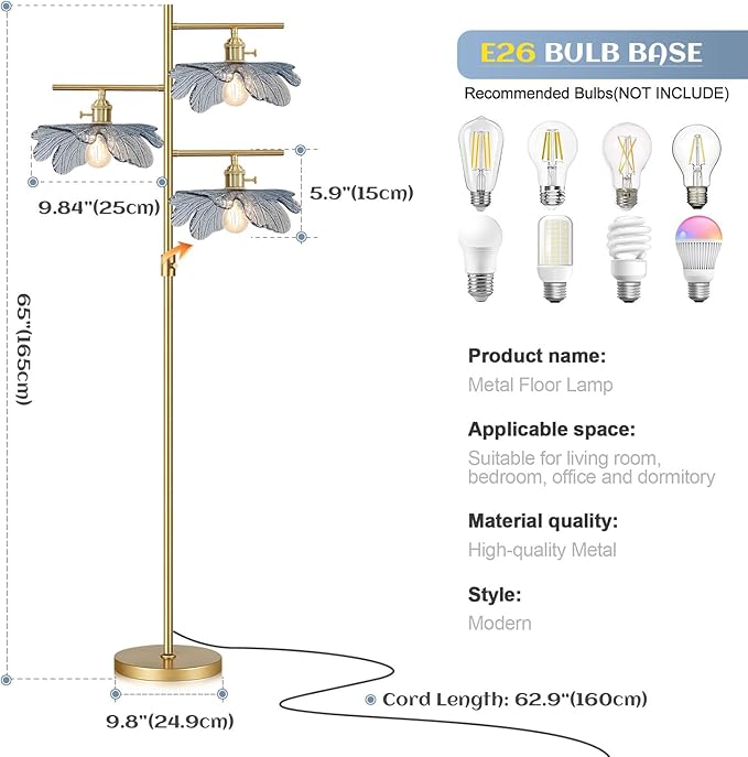 Gold Dimmable floor lamp tall lamp for living room corner ,vintage retro floor lamp Brass Tree Lamp Blue Glass Shade ,Standing Lamps mid century modern floor light for Bedroom corner Study Office
