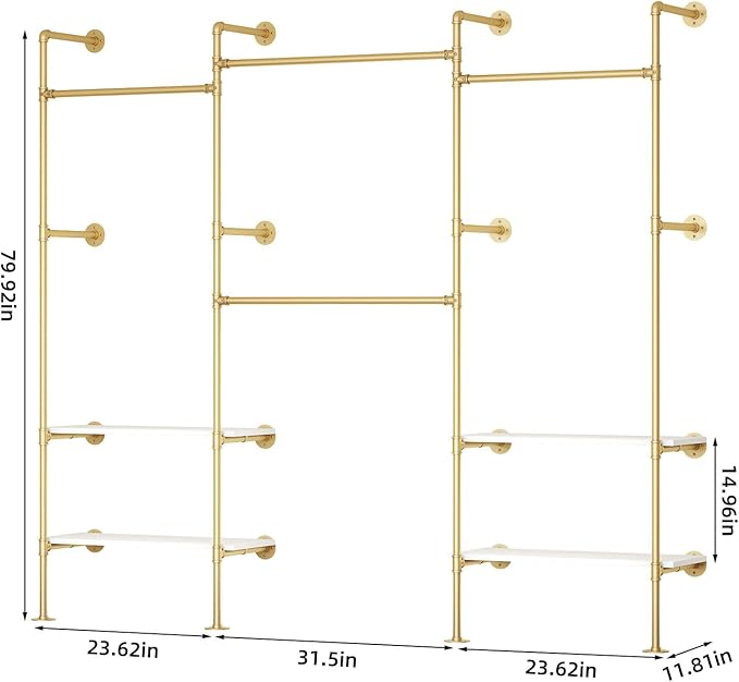 Industrial Pipe Clothing Rack, Wall Mounted Clothes Rack for Hanging Clothes, Retail Display Rack with Shelves, Add Corner installation Method (Gold, III-2Tier)