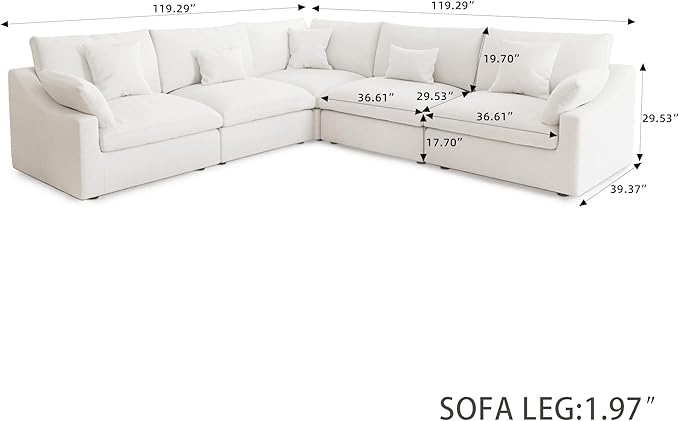 Cloud Couch Modular Sectional Sofa,119inch V Shaped Sofa,Down Filled 5 Seater Convertible Living Room Sets,Cover Washable and Replaceable Couches for Living Room,White