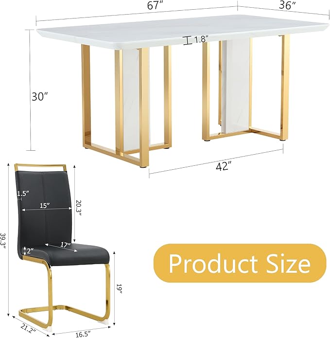 67-inch Modern Dining Table Set for 6 with 1.8 Inch Faux Marble Table Top & 6 PU Leather Chairs, White Luxury Kitchen and Dining Room Furniture Set