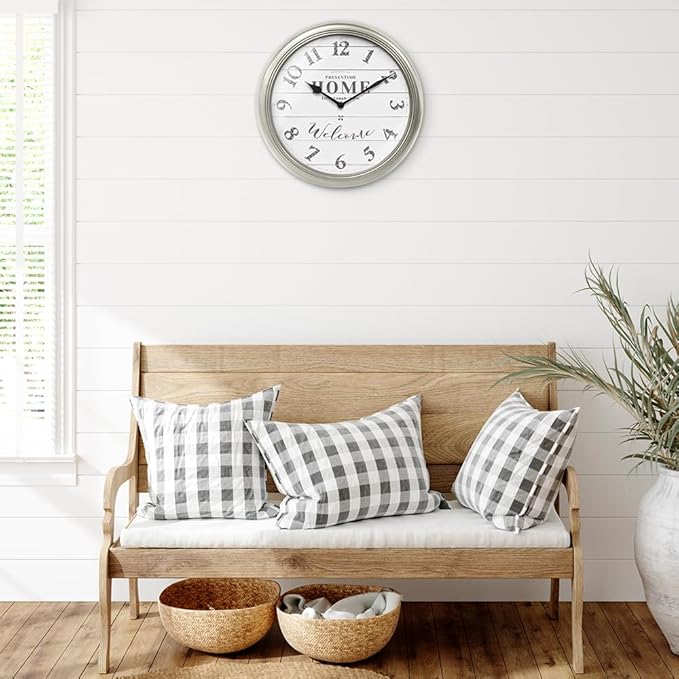 Presentime & Co. 12.6" Illuminated Farmhouse Wall Clock, Silent Battery Operated Night Light Wall Clock with Smart LED Sensor for Living Room, Bathroom, Kitchen, Home Office, Morning Silver