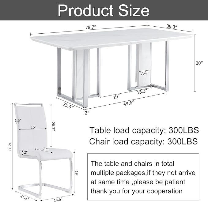 79'' Modern Dining Table Set for 10,White Kitchen Table Set,Luxury Dining Table Set with 1.8-inch Thick Faux Marble Table Top＆10 Pu Leather Upholstered Chairs Ideal for Dining kicken Room