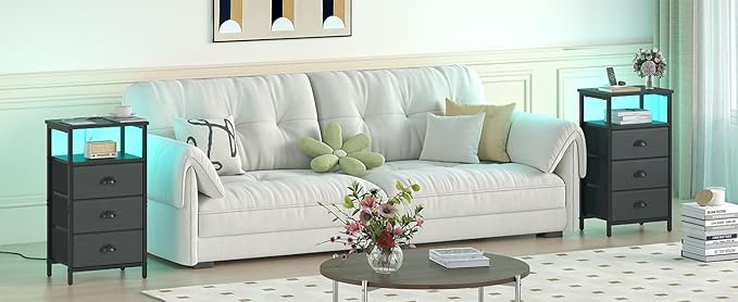 Nightstand with Charging Station,LED Black Nightstand with 3 Fabric Drawers PU Finish, Bedside End Tables, 2-Tier Open Storage Shelf Side Table Nightstand with Drawers for Bedroom,Black