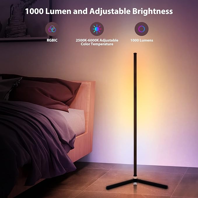 RGB Corner Floor Lamp, Bluetooth APP and Remote Control Music Sync LED Modern Floor Lamp for Living Room, Light Timing, 398 Dimmable Modes, 64.5" RGB Color Changing Mood Lighting