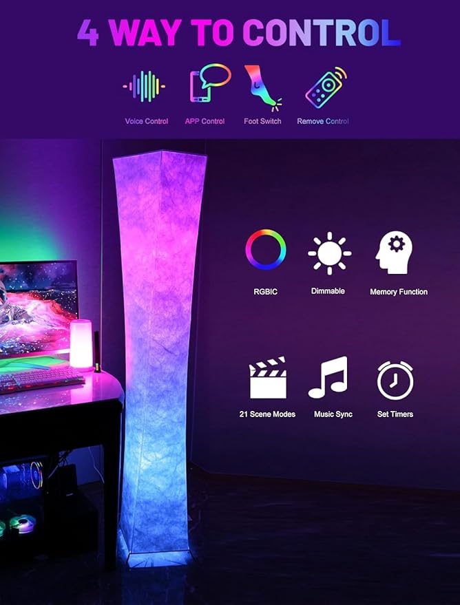 LEONC RGB Floor Lamp with Remote, 1800lm LED Tuya Smart 9W×2 Bulbs, 65" Smart Modern Floor Lamp with Alexa, Music Sync and 16 Million DIY Colors, Color Changing Standing Lamp for Bedroom Living Room