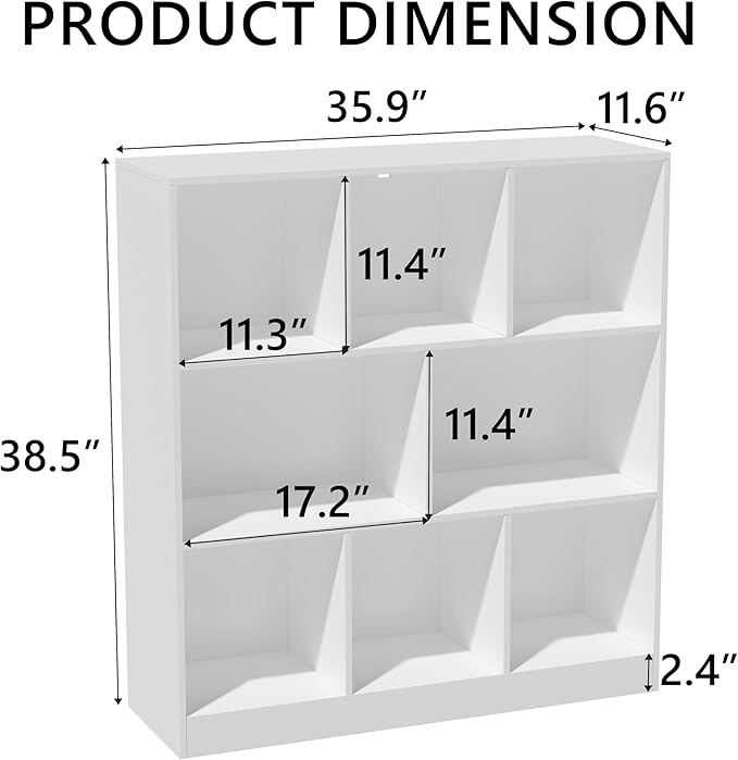 8-Cube Wooden Bookshelf with Base,3-Tier Freestanding Open Storage Organizer,Multi-Functional Bookcase for Living Room,Bedroom,Study and Office (White, 8-Cube)