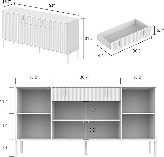 FAMAPY Modern Credenza Sideboard Buffet with Drawer & Pop-Up Doors, Buffet Sideboard Storage Cabinet with Black Metal Legs, for Living Room Hallway Black and Gold (63”W x 15.7”D x 31.5”H)
