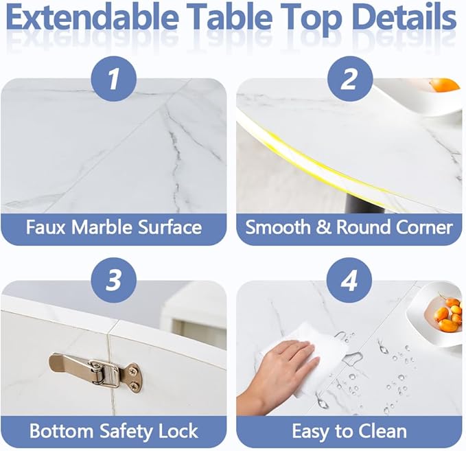 42"-54" Extendable Dining Room Table Set for 4, Oval-Round Dining Table Set for 4, White Kitchen Table with Upholstered Chairs Set of 4, 5 Piece Dining Table Set for Small Spaces, Easy Assembly