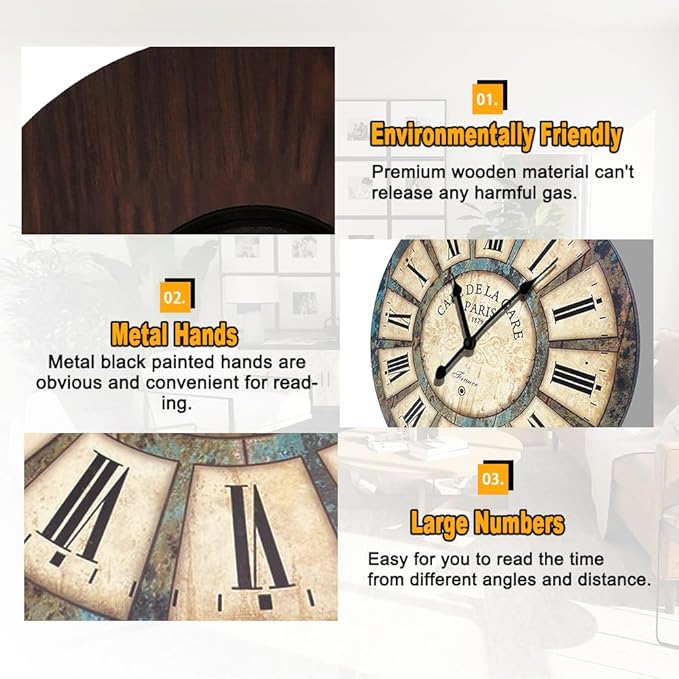 16 Inch Vintage Wall Clock, Roman Numerals Style, Battery Operated, Non-Ticking, Large Farmhouse Clock, Rustic Wall Decor, Perfect for Home, Kitchen, Living Room