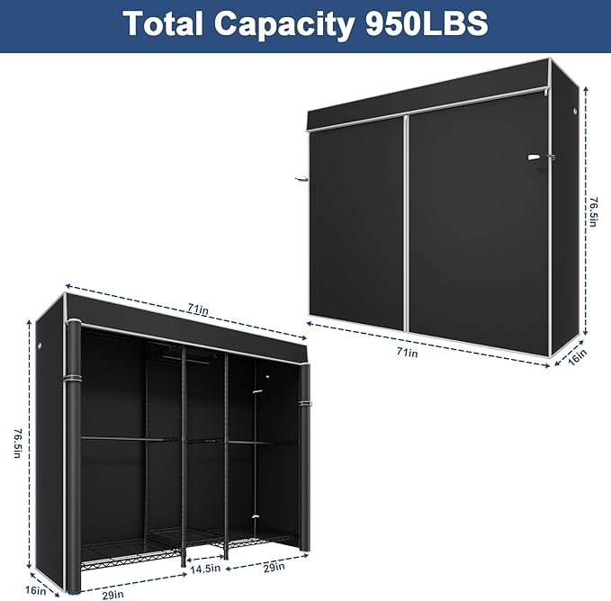 Ulif E12C Heavy Duty Closet Organizer System，Freestanding Clothing Rack, Adjustable Garment Rack 71" W x 16" D x 76.5" H Holds 960 lbs, Black Rack with Black Dustproof Cover