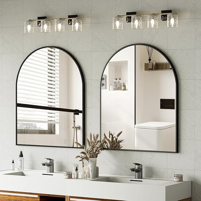 Arched Bathroom Mirror, 32x34 Inch - Wall Mounted Vanity Mirror with Aluminum Alloy Frame - Ideal for Living Room, Bedroom, Bathroom, and Entryway, Hanging or Leaning, Black