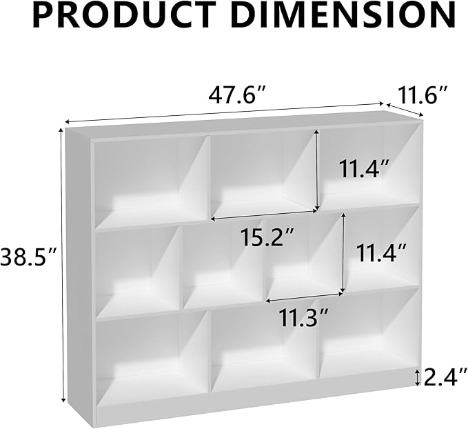 10-Cube Wooden Bookshelf with Base,3-Tier Freestanding Open Storage Organizer,Multi-Functional Bookcase for Living Room,Bedroom,Study and Office (White, 10-Cube)