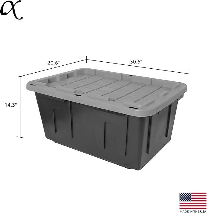 CX BLACK & YELLOW, 27-Gallon Heavy Duty Tough Storage Container & Snap-Tight Lid, Black and Grey, (14.3"H x 20.6"W x 30.6"D), Weather-Resistant Design and Stackable Organization Tote [4 Pack]