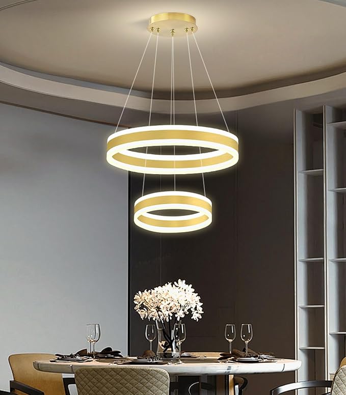 D7.8''+15.7'' Modern Ring Chandelier for Dining Room LED Dimmable Pendant Lighting for Living Room Foyer Bedroom Entryway 3000K-6000K Gold