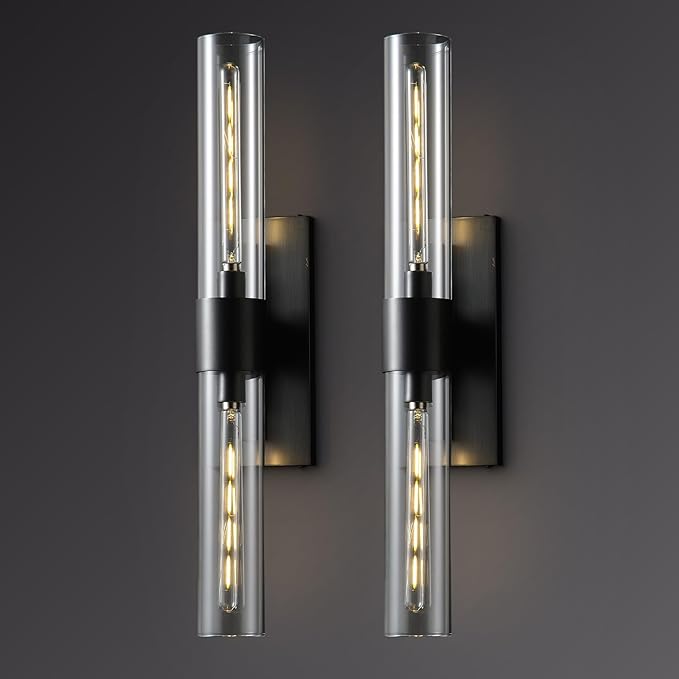 Black Wall Sconces Set of Two, 2-Light Tube Black Bathroom Vanity Light Horizontal or Vertical Linear Sconce Wall Lighting,Indoor Sconces Wall Lighting for Living Room, Bedroom, Hallway