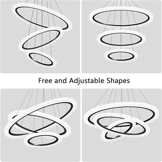 Modern LED Chandelier, 3 Ring Chandelier for Dining Room Living Room Pendant Lighting Fixture High Ceiling Hanging LED Pendant Ceiling Light Fixture for Bedroom Foyer （Black）