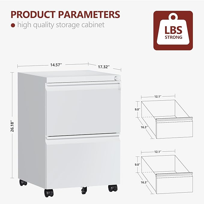 2 Drawer File Cabinet，Mobile Filing Cabinet with Lock and Wheels，Fully Assembled Metal Under Desk File Cabinets for A4/Letter/Legal Size（White