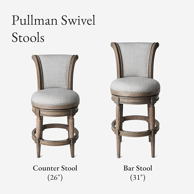Maven Lane Pullman Counter Stool 26 Inches – Set of 3 – Swivel Stools with Footrest – Grey Solid Wood Frame & Grey Fabric Upholstery – Perfect for Kitchen Islands & Counters
