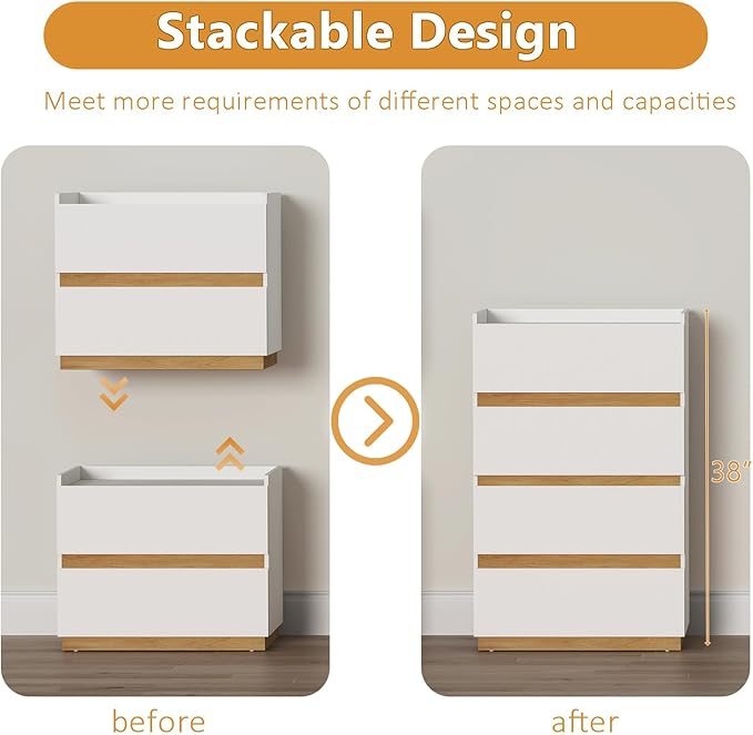 Large Modern Nightstand White Bedside Table, 2 Drawer Dresser Wood Stackable Storage Drawers for Clothes for Closet, Bedroom, 24"x16"x20"