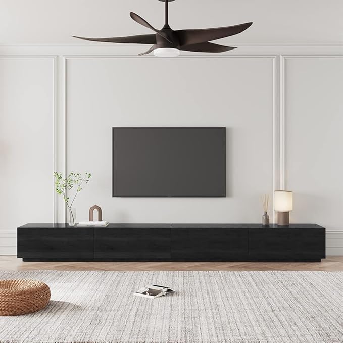 POVISON 118" Modern Solid Wood TV Stand with Storage, Fully Assembled, Large Entertainment Center 4 Drawers, TV Media Console Living Room TV Stand Black