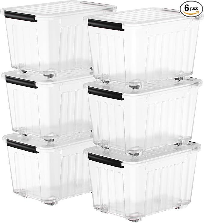 Nazhura 97Quart Plastic Storage Bin, Stackable and Nestable Storage Boxes with Clear Lids and Secure Latching Buckles, Large Storage Container (Clear, 97Quart-6Pack)