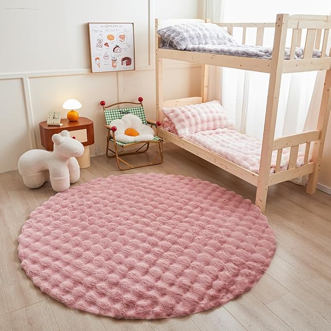 Pink Round Rabbit Plush Rug for Bedroom Living Room Sofa,5'X5' Faux Fur Fluffy Shaggy Circle for Kids Teen Girls,Furry Carpet Circular for Nursery Baby