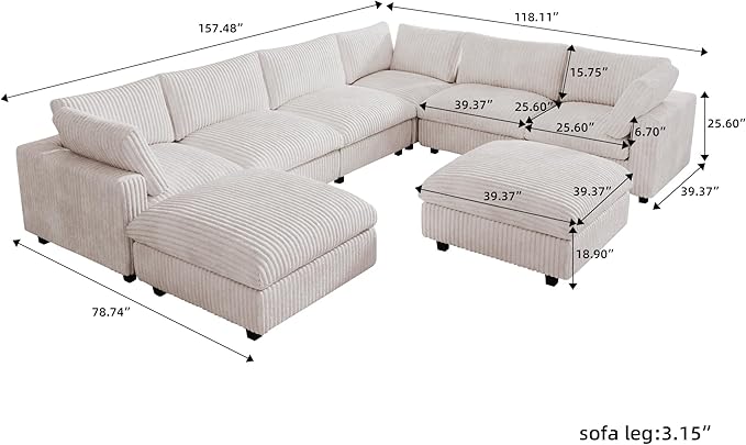 JACH 157" Modern Sectional Couch, Overzised Down Filled Soft Sofa, Deep Seat 8 Seater Convertible Modular Cloud Sofas for Living Room, Minimalist Couches,Sofa Cover Removable, Beige