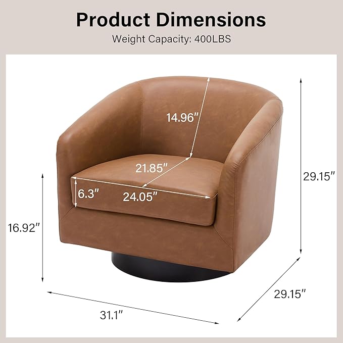 Swivel Barrel Chair, Modern Round PU Leather Accent Armchair for Living Room, Bedroom, Oversized Comfy Club Reading Chairs for Adults (Leather Brown, Set of 1)