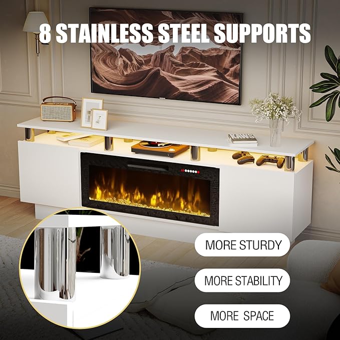 70" Modern Fireplace TV Stand with 36" Electric Fireplace for TVs Up to 80 inch, Luxury LED Light Entertainment Center with High Gloss Cabinet, TV Consoles for Living Room, White