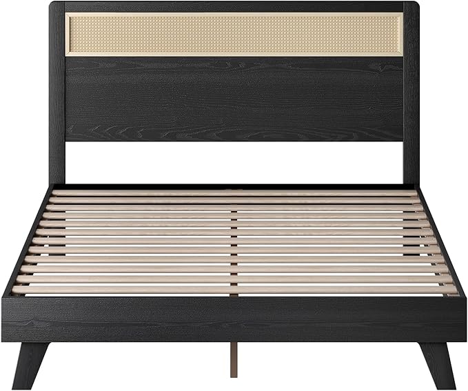 MUSEHOMEINC Modern Wooden Queen Size Bed Frame with Rattan Headboard,Boho Style,No Box Spring Needed, Easy Assembly (Queen)