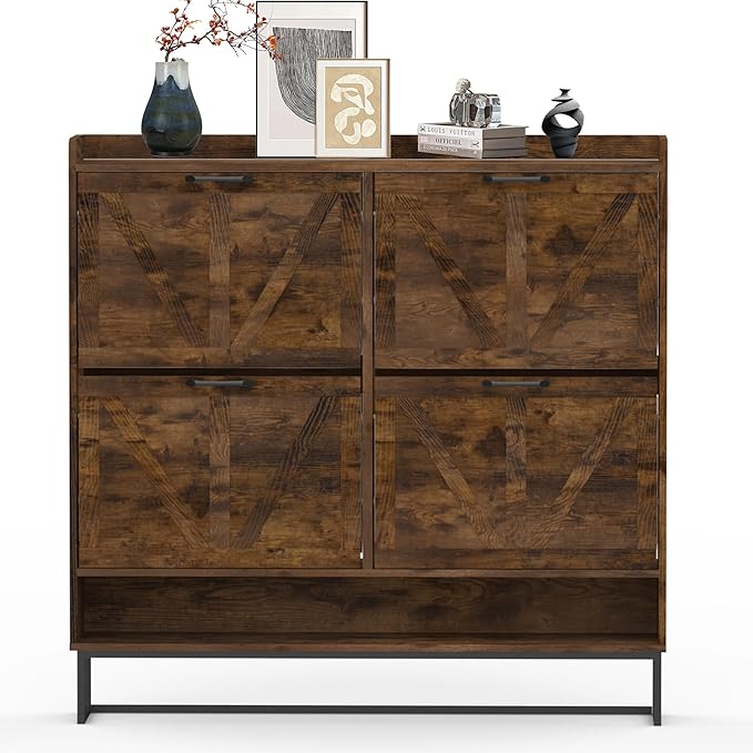 MISHAO Shoe Storage Cabinet with 4 Flip Drawers, Narrow Hidden Shoe Cabinet for Entryway, Freestanding Slim Shoe Rack Organizer with Metal Legs, Rustic Brown