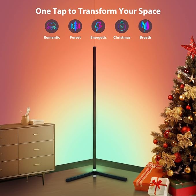 RGB Corner Floor Lamp, Bluetooth APP and Remote Control Music Sync LED Modern Floor Lamp for Living Room, Light Timing, 398 Dimmable Modes, 64.5" RGB Color Changing Mood Lighting