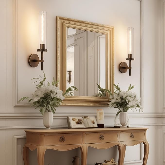 19.5" Knurled Brass Wall Sconces Set of 2, Bronze Bathroom Vanity Light Fixtures with Clear Glass Tube, Modern Lamp Lighting for Bedroom, Living Room, Hallway, Staircase, Mirror, Kitchen