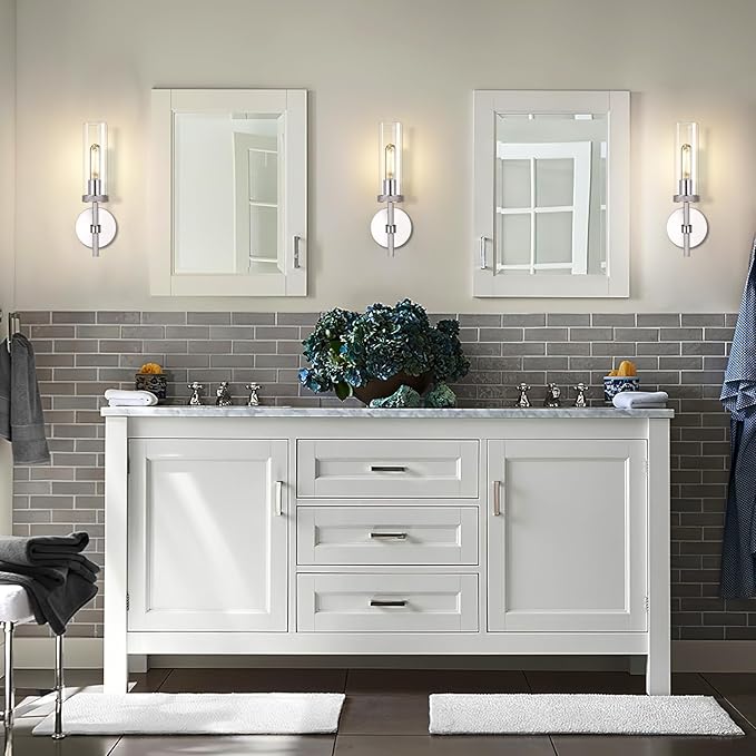 Wall Sconces Lights Indoors, 14" Knurled Linear Sconce, Nickel Bathroom Wall Sconces, Glass Tube Vanity Sconces Wall Lighting, Wall Lights for Mirror, Living Room, Bedroom, Hallway (Bulb Included)