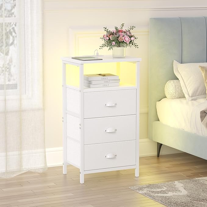 Nightstand with Charging Station,LED White Nightstand with 3 Fabric Drawers PU Finish, Bedside End Tables, 2-Tier Open Storage Shelf Side Table Nightstand with Drawers for Bedroom,White