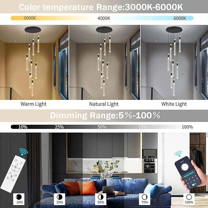 8-Lights 98 Inches Modern Chandelier LED Light Fixtures Adjustable Long Light Chandelier for Hallway Foyer Dimmable Lights with Remote Dining Kitchen Ceiling Pendant Lighting