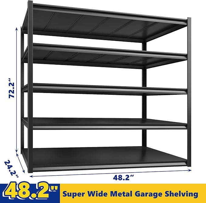 REIBII Garage Shelving 48.2" W Storage Shelves 3000LBS Heavy Duty Shelving Adjustable Metal Shelf Industrial 5 Tier Pantry Shelves for Basement Warehouse Supermarket 72.2"H x 24.2"D x 48.2"W, 2 Pack