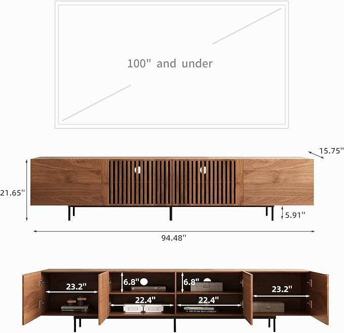 Mid Century Modern TV Stand for 80+ Inch TVs, 94.48" Walnut Console with Ample Storage – Stylish Entertainment Center for Living Room or Bedroom