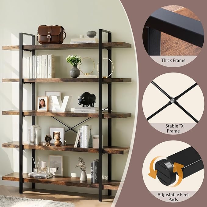 5-Tier Industrial Bookcase, 47 Inch Wide Wood Bookshelf, 120lbs Shelf Capacity, Rustic Open Shelving Heavy Duty Display with Reinforced Horizontal Brown Shelves for Living Room Bedroom Office - 2Pcs