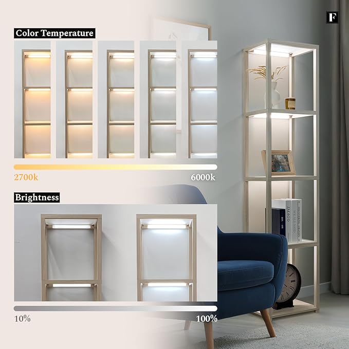 FENLO LED Display Shelf Unit – Dimmable Lighted Furniture for Bedroom, Living Room, or Office – Glass Curio Cabinet Shelf Lamp with App + Remote Control + Adjustable Lighting