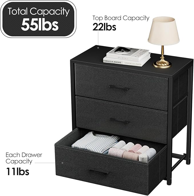 Nightstand with 3 Drawers for Bedroom, Storage Dresser with Fabric Drawers and Metal Frame for Closet, Living Room, Bedside Table with Wood Top, Easy Pull Handle, Black