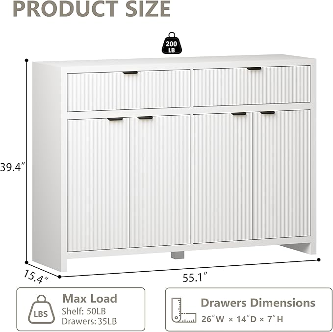 Fluted Sideboard Buffet Cabinet with Storage and Large Drawers, 55" W Credenza Storage Cabinet for Living Room or Entryway, 40'' H Farmhouse Buffet Table with Adjustable Shelves, Console Cabinet