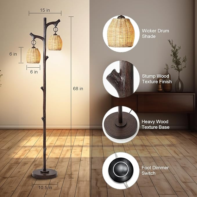 68" High Farmhouse Rustic Country Cottage Floor Lamp Tree Trunk Faux Wood Column Dark Bronze Wicker Drum Shade Decor for Living Room Bedroom Reading Room