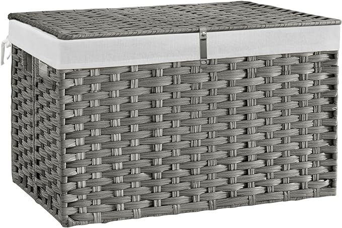 180L Wicker Storage Basket with Lid, Handwoven Rattan Large Shelf Basket with Removable Liner, 47.6 Gallon Wicker Basket for Blanket, Storage Trunk with Handle for Closet, Bedroom, Livingroom, Grey