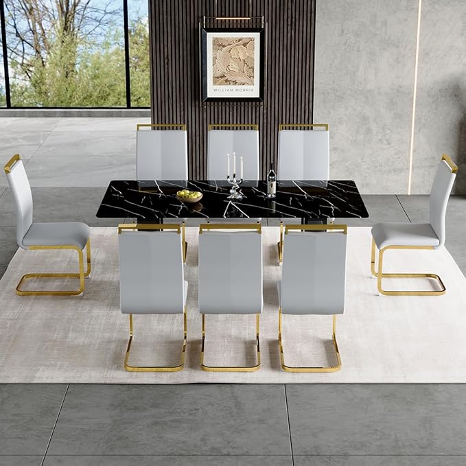 71'' Dining Table Set for 8， Faux Marble Dining Table Set for 8, Kitchen Table Set for 8 with PU Leather Chairs for Kitchen, Dining Room,Easy to Assemble