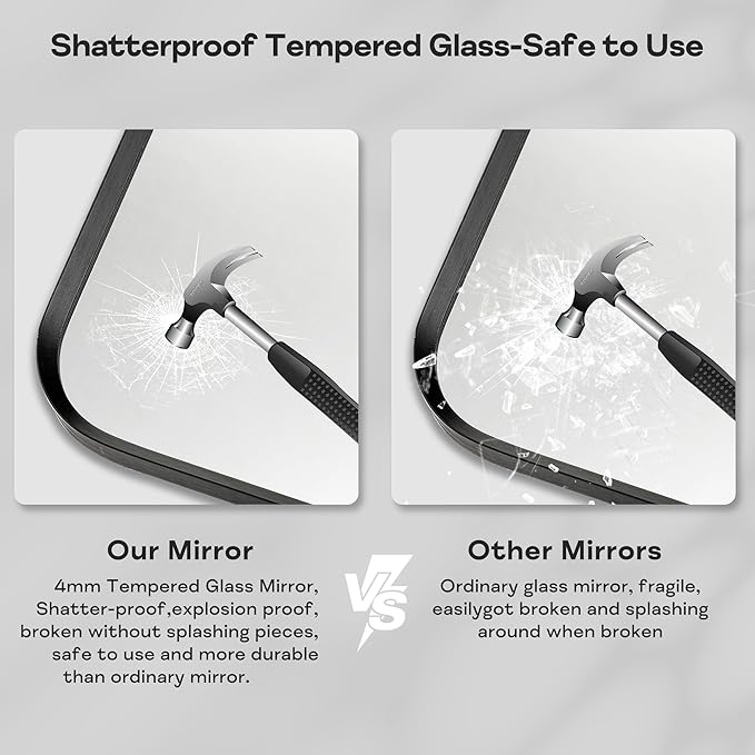 Wall Mount Mirror for Bathroom, Brushed Black Metal Framed Rounded Corner Square Rectangular Vanity Mirror (30" x 30", Black)