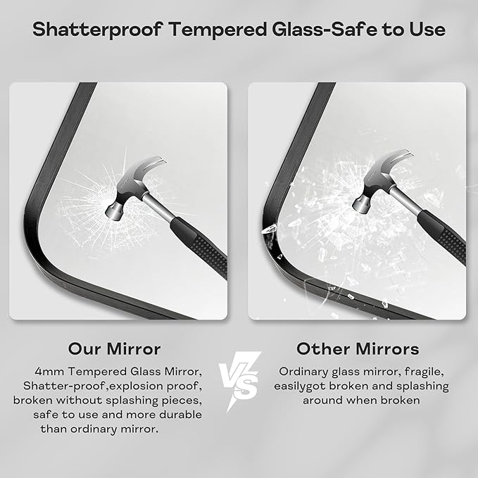 Wall Mount Mirror for Bathroom, Brushed Black Metal Framed Large Rounded Corner Rectangular Vanity Mirror, Tempered Glass, Anti-Rust, Hangs Horizontally or Vertically (30" x 40", Black)