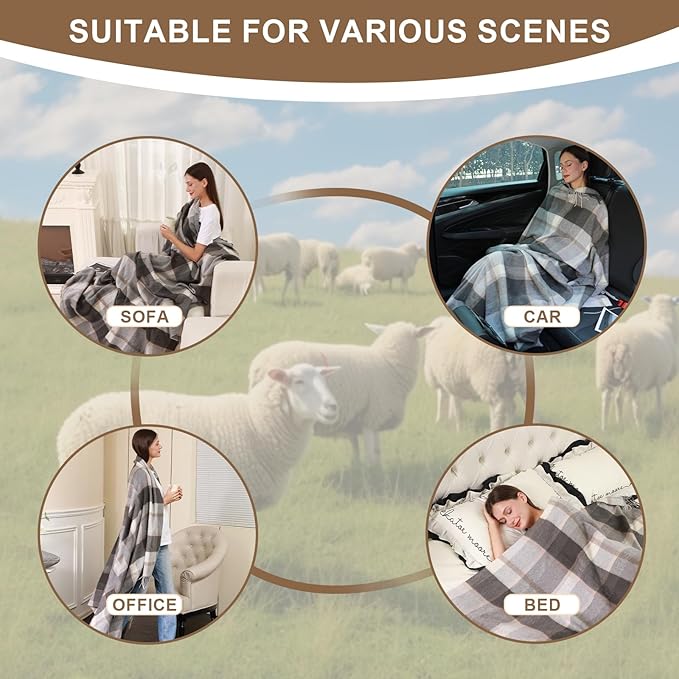 Gray Check Throw Blanket for Couch,100% Wool Throw Blanket for Home Decor, Soft Lightweight Cozy All Season Decorative Vintage Blankets for Travel,Bed, Sofa, Chair, Outdoor 55"x83"/1.5LBS